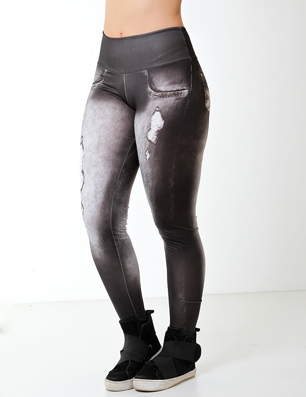 Calça Legging Fitness Fake Jeans Preta