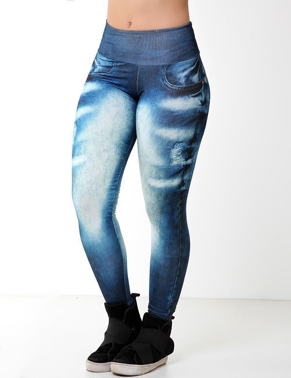 Calça Legging Fitness Fake Jeans Azul Escuro