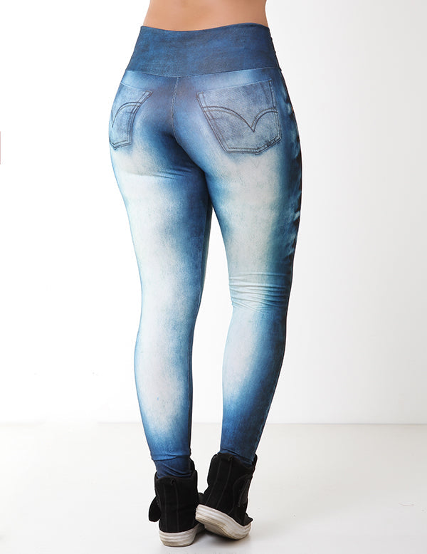 Calça Legging Fitness Fake Jeans Azul Escuro