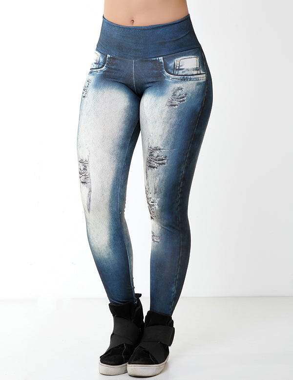 Calça Legging Fitness Fake Jeans Ciano Escuro