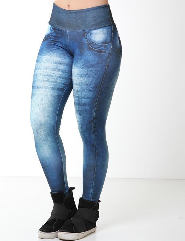 Calça Legging Fitness Fake Jeans Azul Aço