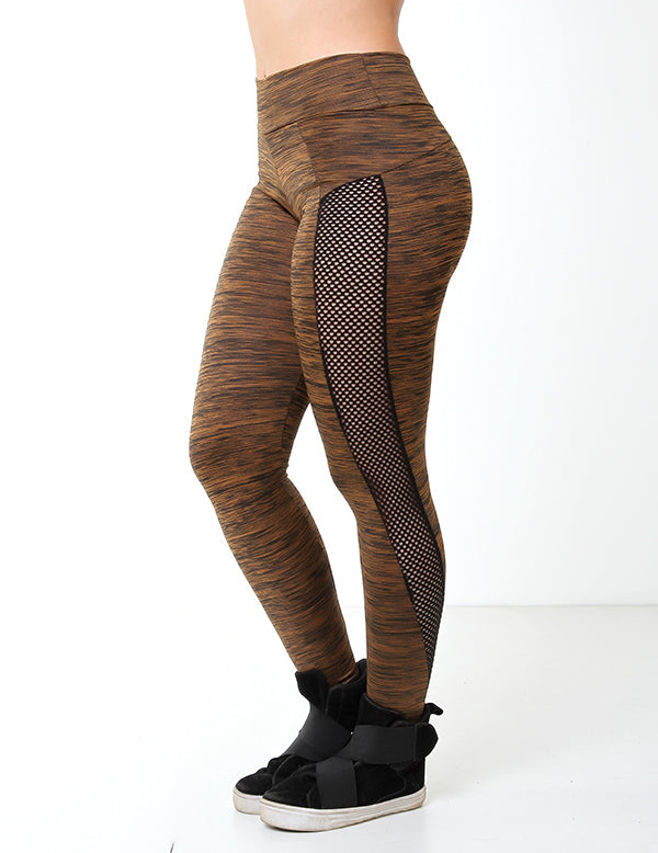 Calça Legging Fitness Com Tela Marrom